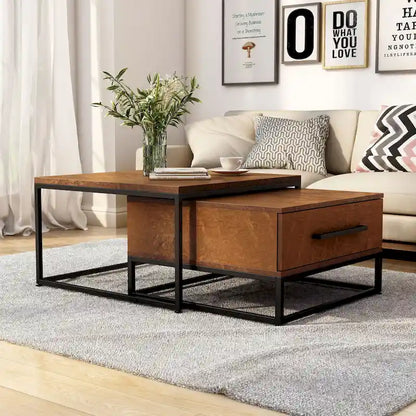 Saxon Rustic Brown Square 2-Piece Solid Wood Coffee Nesting Tables with 1-Drawer by Furniture of America