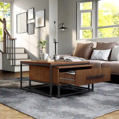 Saxon Rustic Brown Square 2-Piece Solid Wood Coffee Nesting Tables with 1-Drawer by Furniture of America