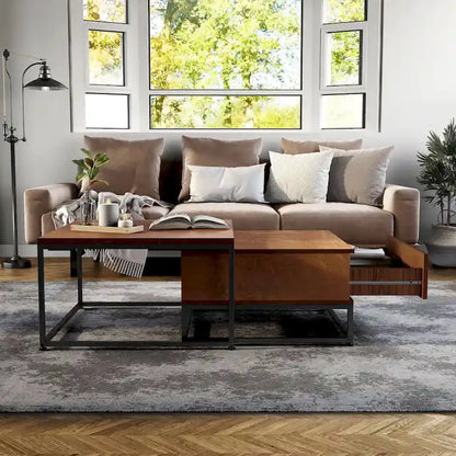 Saxon Rustic Brown Square 2-Piece Solid Wood Coffee Nesting Tables with 1-Drawer by Furniture of America