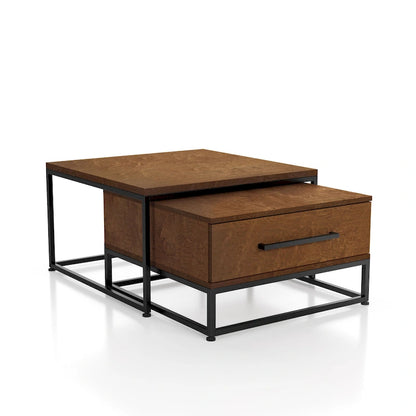 Saxon Rustic Brown Square 2-Piece Solid Wood Coffee Nesting Tables with 1-Drawer by Furniture of America