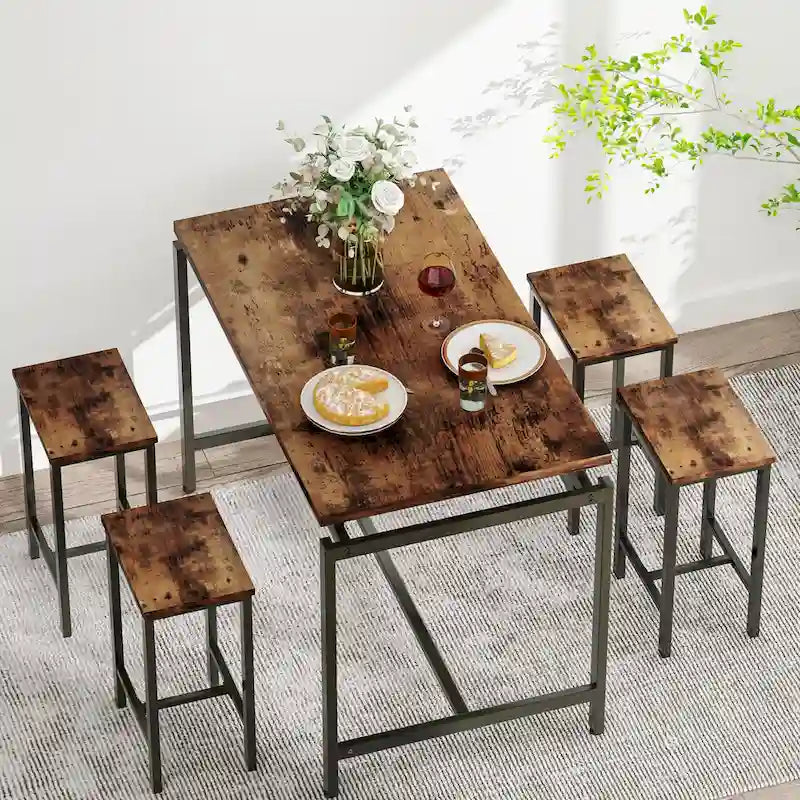 Mieres Minimalist Industrial Style Wooden Top 5 Pieces Dining Table Set with Four Stools for Ktichen and Dining Room