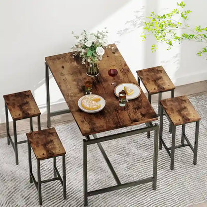 Mieres Minimalist Industrial Style Wooden Top 5 Pieces Dining Table Set with Four Stools for Ktichen and Dining Room