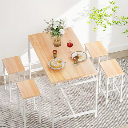 Mieres Minimalist Industrial Style Wooden Top 5 Pieces Dining Table Set with Four Stools for Ktichen and Dining Room