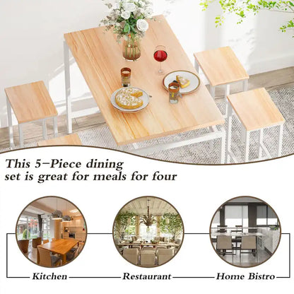Mieres Minimalist Industrial Style Wooden Top 5 Pieces Dining Table Set with Four Stools for Ktichen and Dining Room