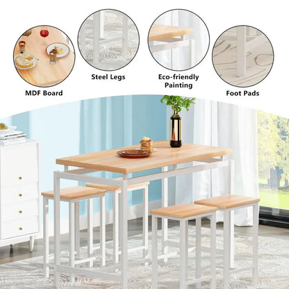 Mieres Minimalist Industrial Style Wooden Top 5 Pieces Dining Table Set with Four Stools for Ktichen and Dining Room