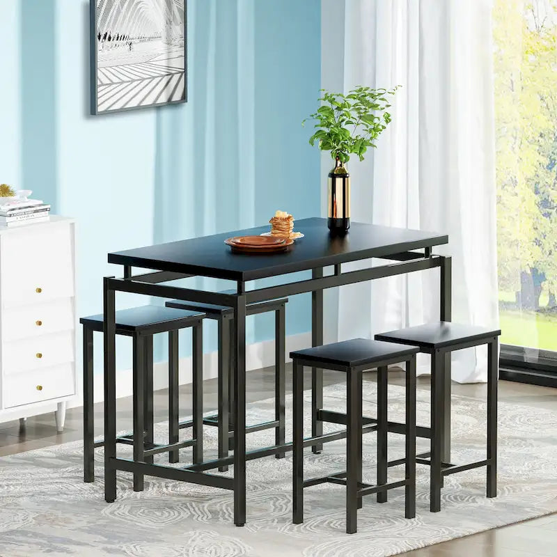 Mieres Minimalist Industrial Style Wooden Top 5 Pieces Dining Table Set with Four Stools for Ktichen and Dining Room