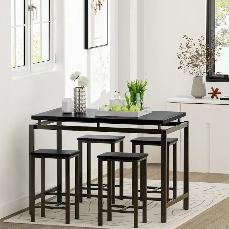 Mieres Minimalist Industrial Style Wooden Top 5 Pieces Dining Table Set with Four Stools for Ktichen and Dining Room