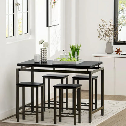 Mieres Minimalist Industrial Style Wooden Top 5 Pieces Dining Table Set with Four Stools for Ktichen and Dining Room