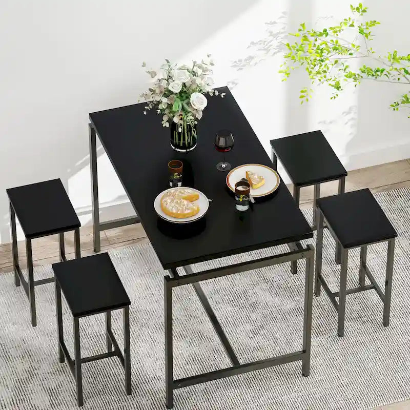 Mieres Minimalist Industrial Style Wooden Top 5 Pieces Dining Table Set with Four Stools for Ktichen and Dining Room