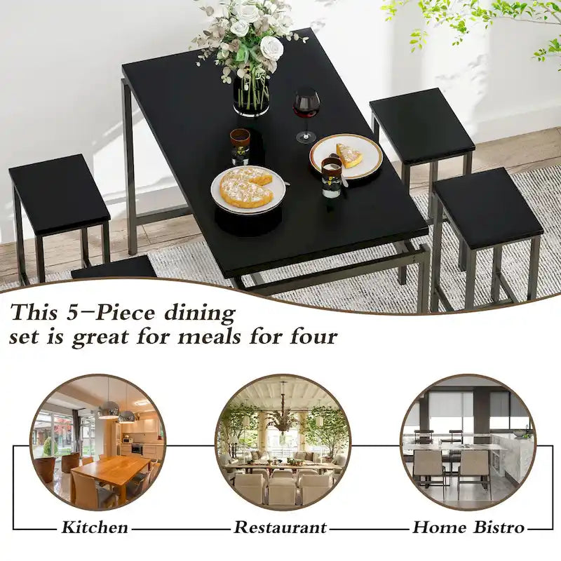 Mieres Minimalist Industrial Style Wooden Top 5 Pieces Dining Table Set with Four Stools for Ktichen and Dining Room