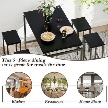 Mieres Minimalist Industrial Style Wooden Top 5 Pieces Dining Table Set with Four Stools for Ktichen and Dining Room