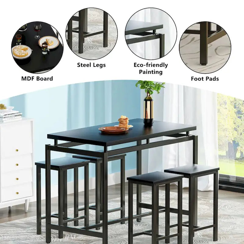 Mieres Minimalist Industrial Style Wooden Top 5 Pieces Dining Table Set with Four Stools for Ktichen and Dining Room