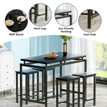Mieres Minimalist Industrial Style Wooden Top 5 Pieces Dining Table Set with Four Stools for Ktichen and Dining Room