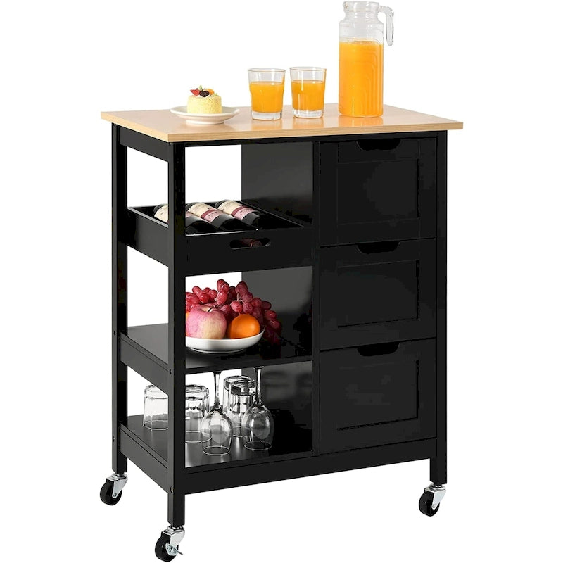 Rolling Kitchen Bar Trolley Serving Cart on Wheels with Wood Top