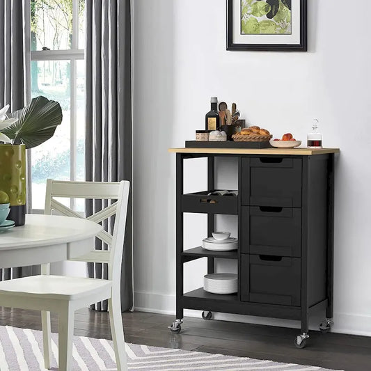 Rolling Kitchen Bar Trolley Serving Cart on Wheels with Wood Top