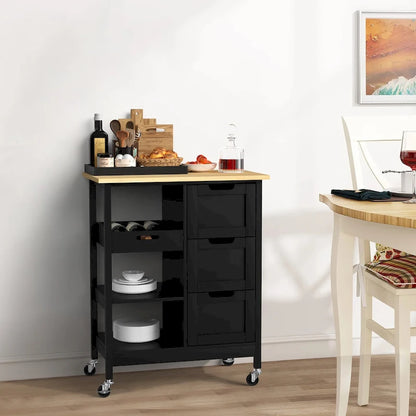 Rolling Kitchen Bar Trolley Serving Cart on Wheels with Wood Top