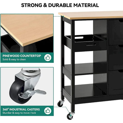 Rolling Kitchen Bar Trolley Serving Cart on Wheels with Wood Top