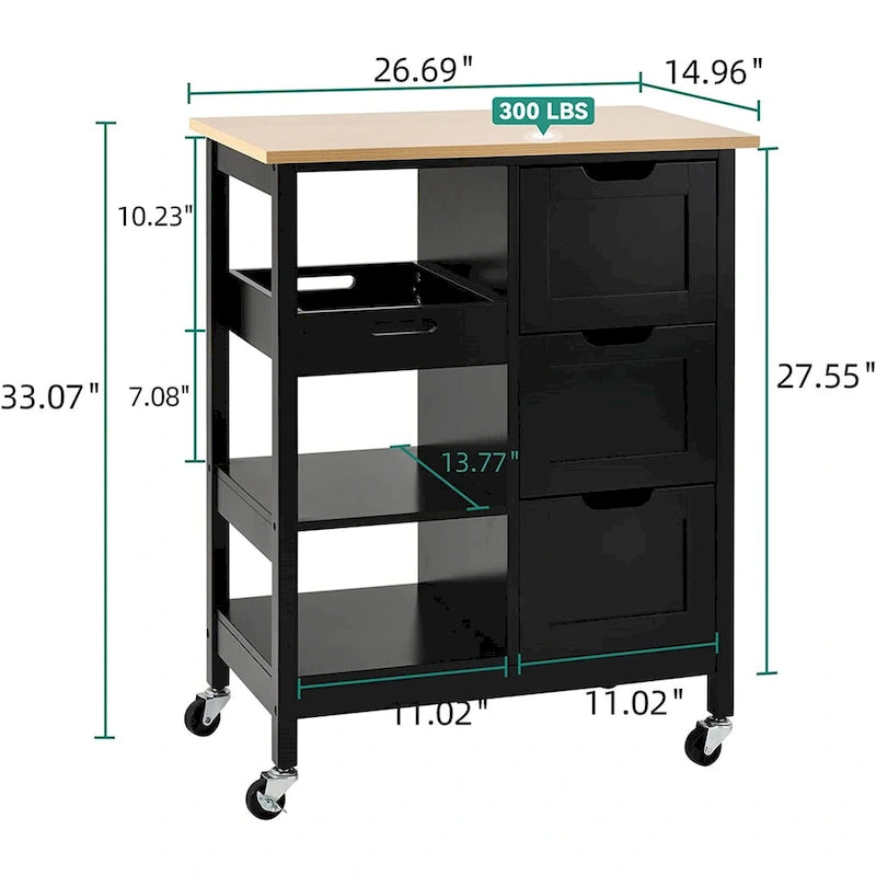 Rolling Kitchen Bar Trolley Serving Cart on Wheels with Wood Top