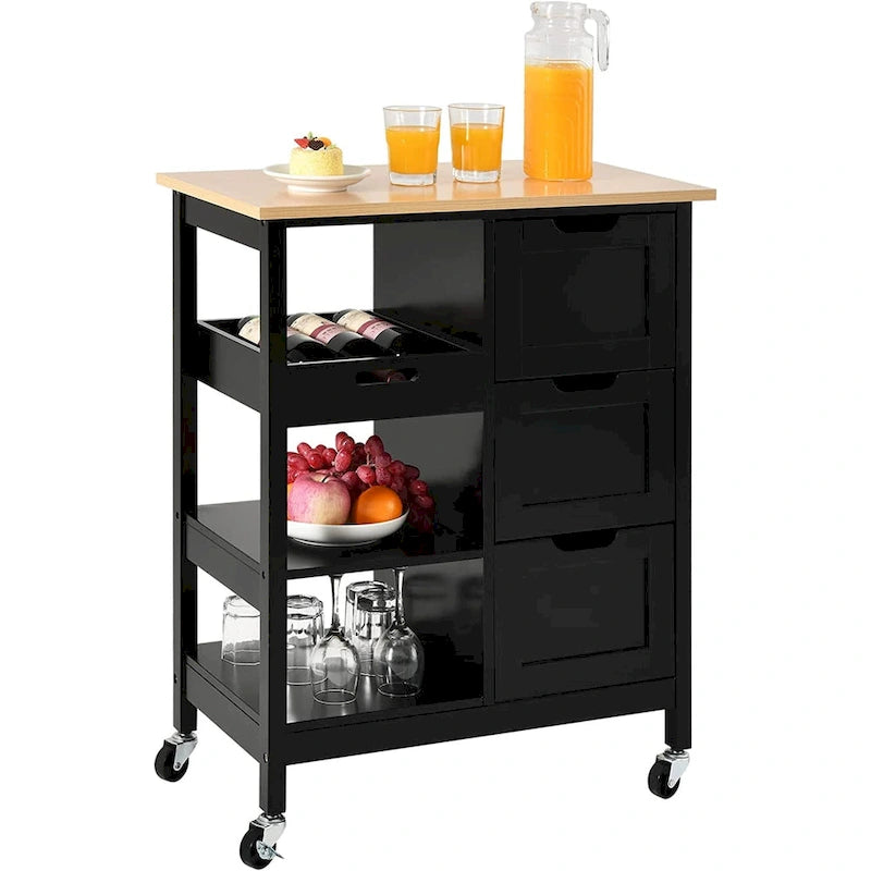 Rolling Kitchen Bar Trolley Serving Cart on Wheels with Wood Top