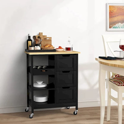Rolling Kitchen Bar Trolley Serving Cart on Wheels with Wood Top