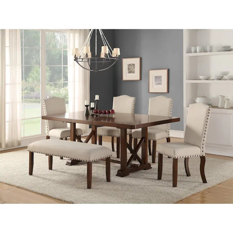 Upholstered Cream Cushion Dinner Chairs, Cherry Brown(Set of 2)