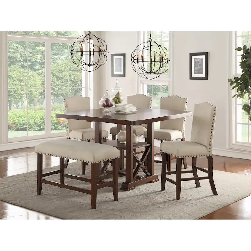 Upholstered Cream Cushion Dinner Chairs, Cherry Brown(Set of 2)