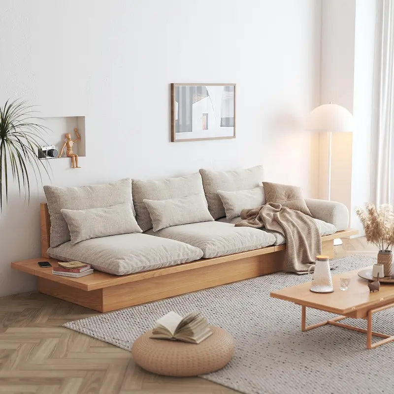 JASIWAY Cotton Line Beige Sofa With Wood Frame