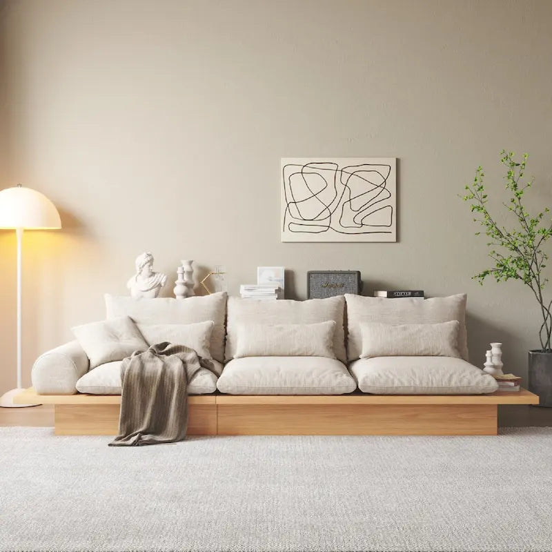 JASIWAY Cotton Line Beige Sofa With Wood Frame