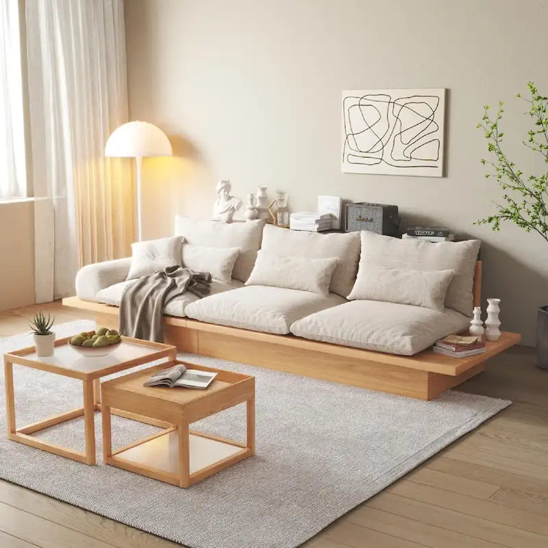 JASIWAY Cotton Line Beige Sofa With Wood Frame