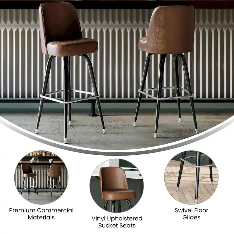 Metal Barstool with Swivel Vinyl Upholstered Bucket Seat and Footrest - 18.5D x 18.5W x 42.5H