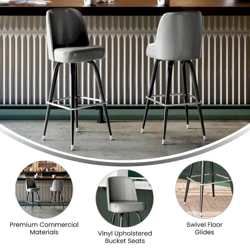 Metal Barstool with Swivel Vinyl Upholstered Bucket Seat and Footrest - 18.5D x 18.5W x 42.5H