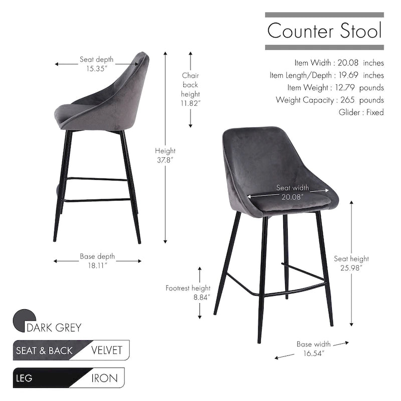 Porthos Home Uva Counter Stools Set of 2, Velvet Upholstery, Iron Legs