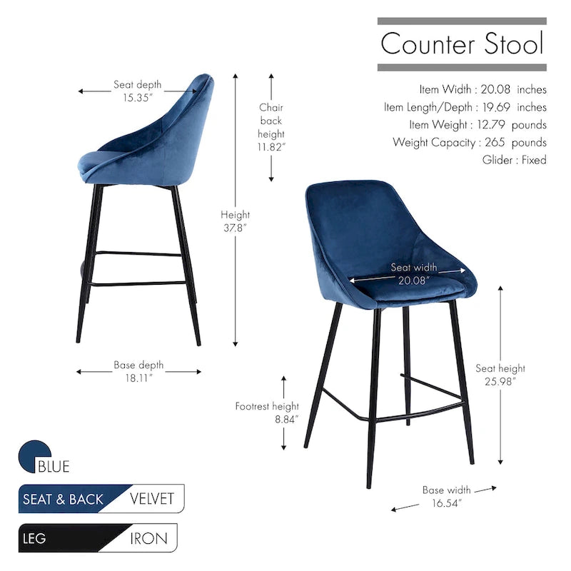 Porthos Home Uva Counter Stools Set of 2, Velvet Upholstery, Iron Legs