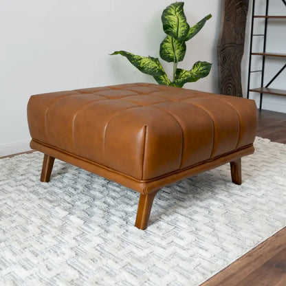 Kameron Mid-Century Tufted Upholstered Tufted Back Leather Ottoman in Tan