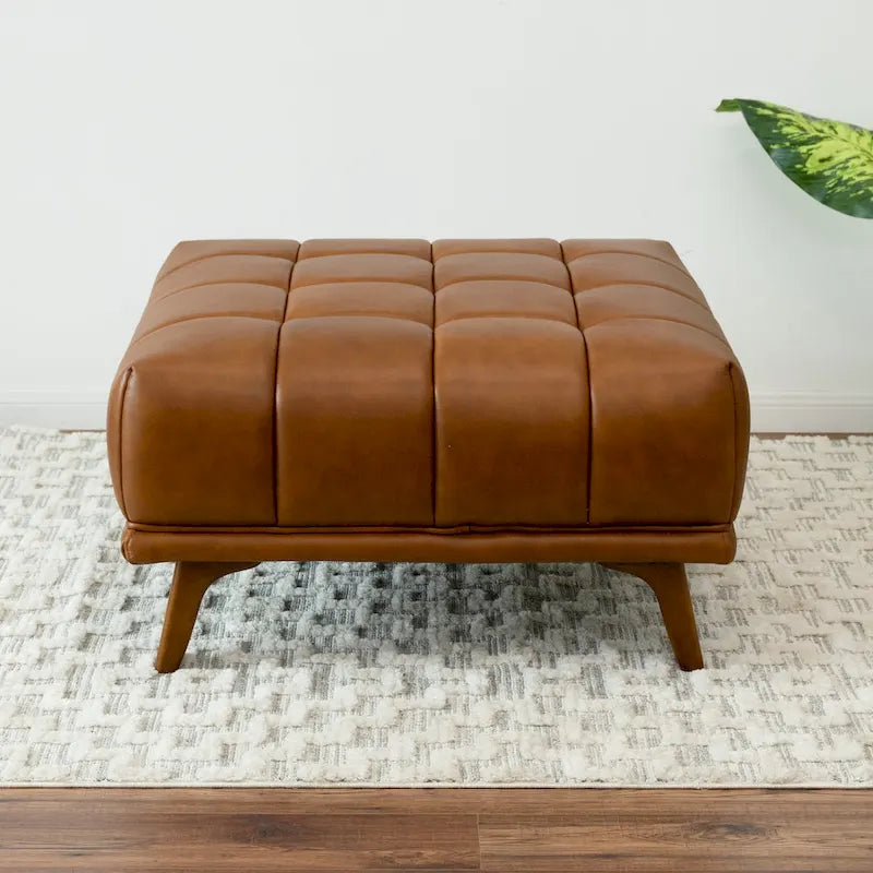 Kameron Mid-Century Tufted Upholstered Tufted Back Leather Ottoman in Tan