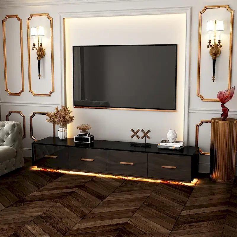 Black Entertainment Center Spacious Luxurious TV Stand Golden Accents - 70.9