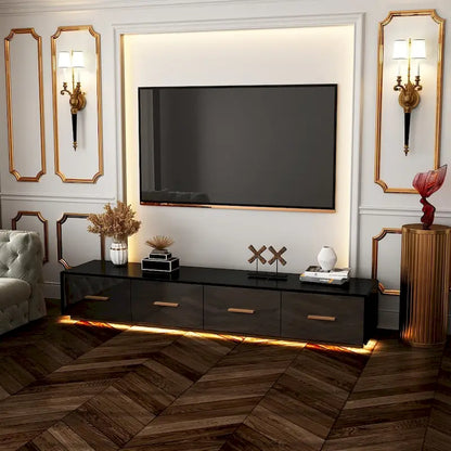 Black Entertainment Center Spacious Luxurious TV Stand Golden Accents - 70.9