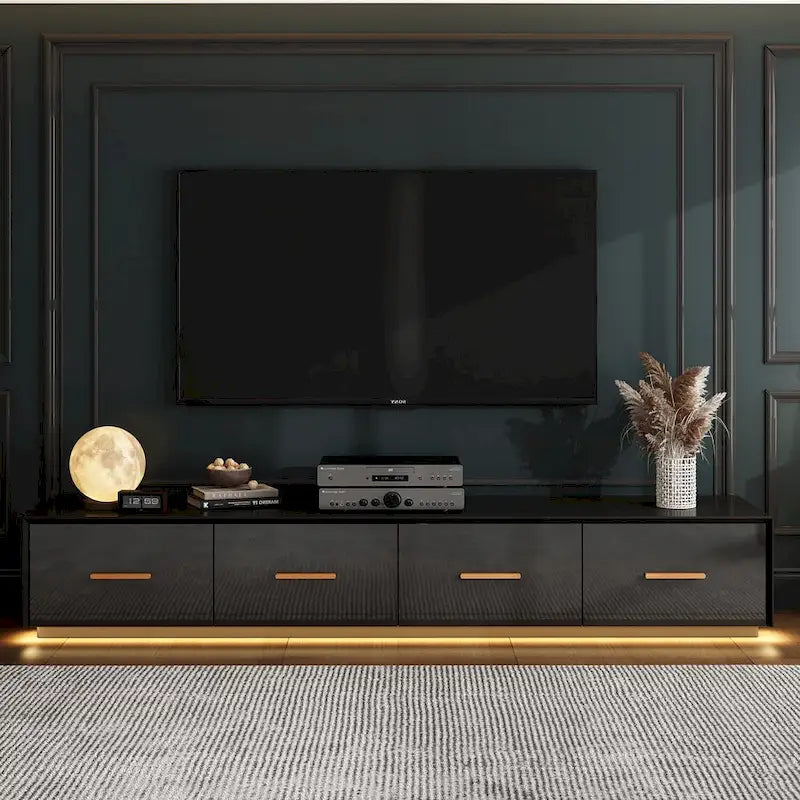 Black Entertainment Center Spacious Luxurious TV Stand Golden Accents - 70.9
