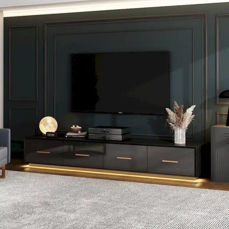 Black Entertainment Center Spacious Luxurious TV Stand Golden Accents - 70.9