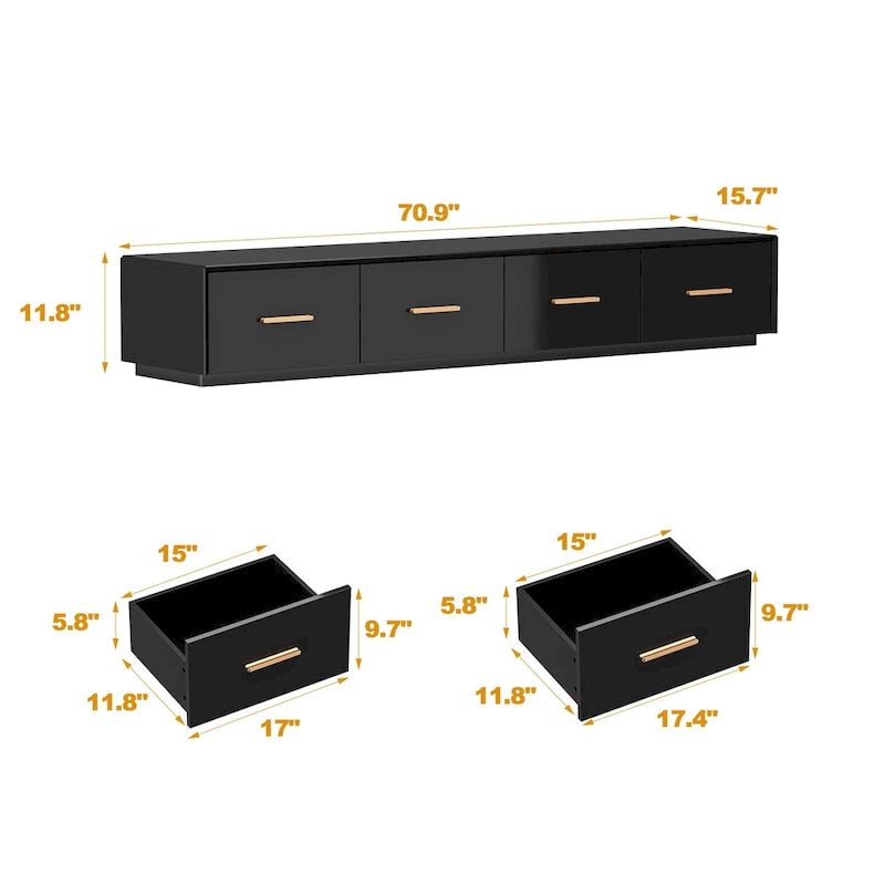 Black Entertainment Center Spacious Luxurious TV Stand Golden Accents - 70.9