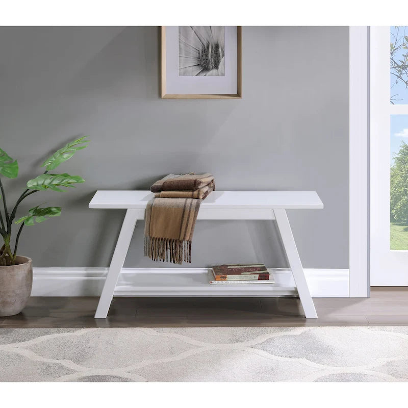 Roundhill Furniture Elyz Solid Wood Bench with Shelf, White
