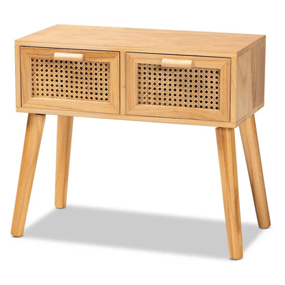 Falan Mid-Century Modern 2-Drawer Wood Console Table with Rattan-Oak