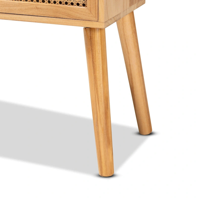 Falan Mid-Century Modern 2-Drawer Wood Console Table with Rattan-Oak