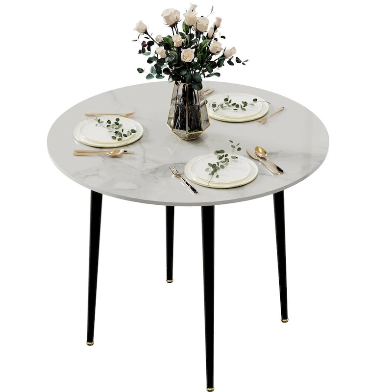 Round Kitchen Dining Table Marble Tabletop with Tapered Metal Legs - 31.5 W x 30 H