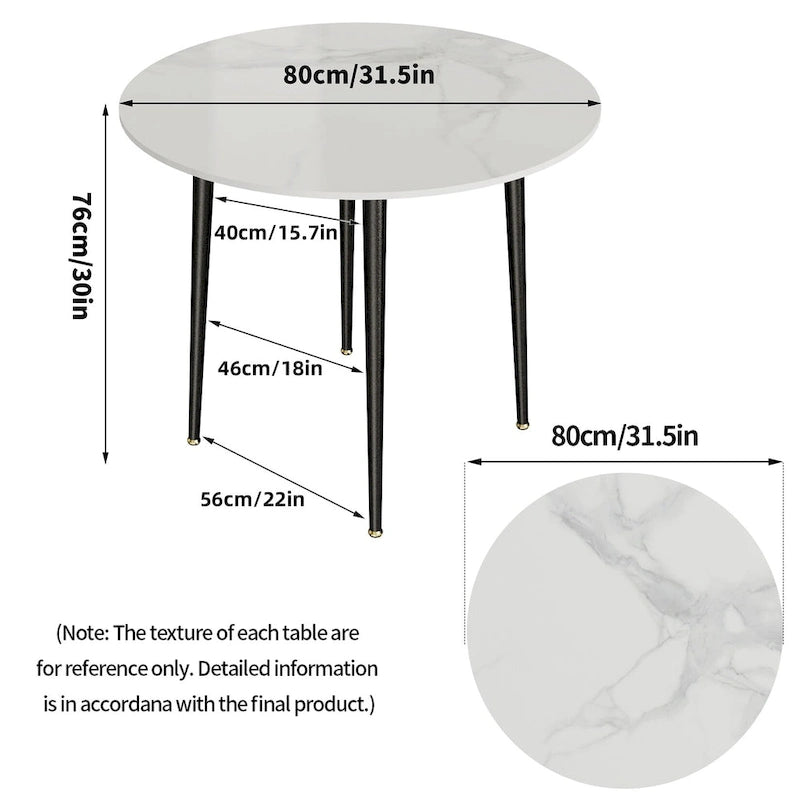 Round Kitchen Dining Table Marble Tabletop with Tapered Metal Legs - 31.5 W x 30 H