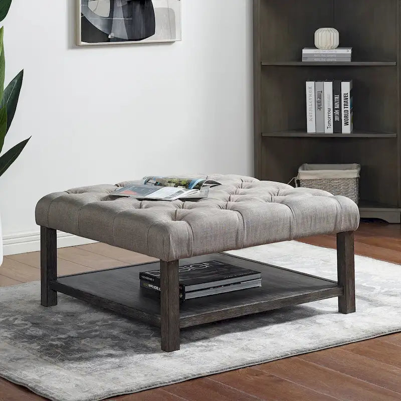 Belbeck Farmhouse Grey Fabric Tufted Square Cocktail Ottoman with Open-Shelf by Furniture of America