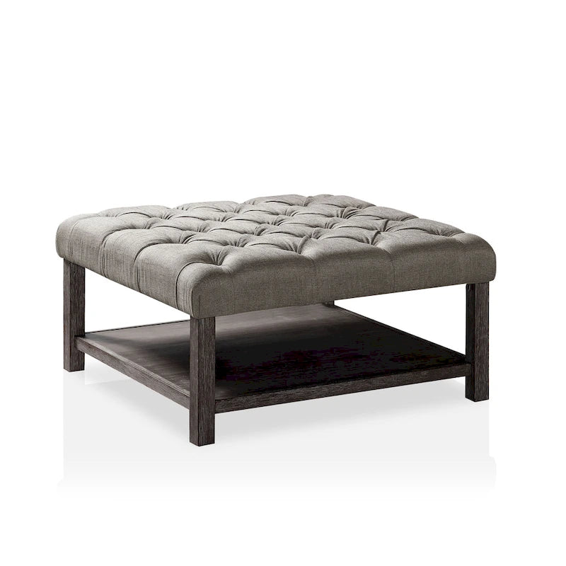 Belbeck Farmhouse Grey Fabric Tufted Square Cocktail Ottoman with Open-Shelf by Furniture of America