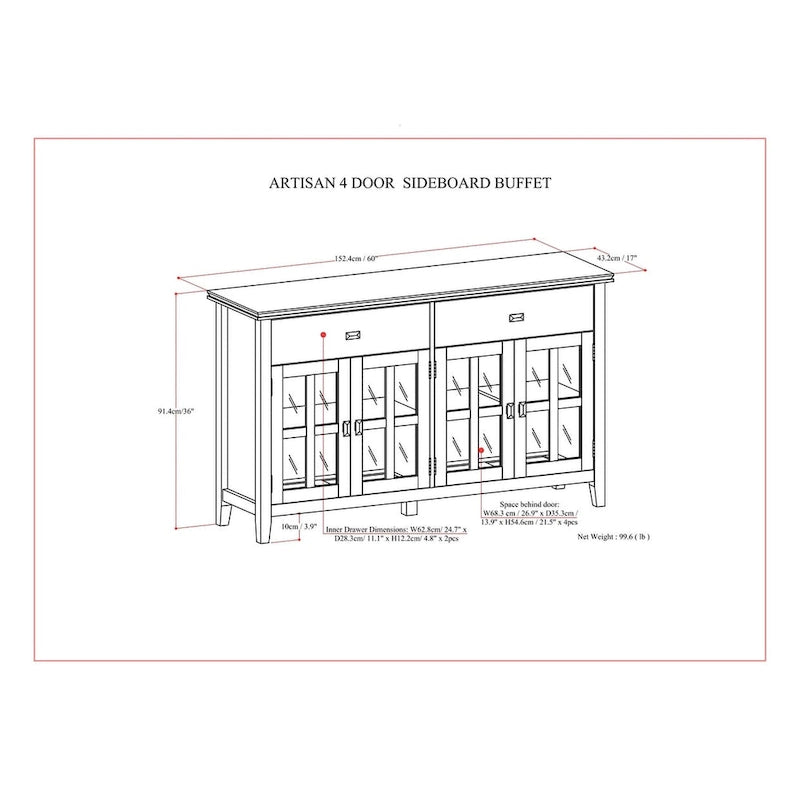 WYNDENHALL Stratford 60 Wide Solid Wood Transitional Large 4 Door Sideboard Buffet - 17d x 60w x 34h