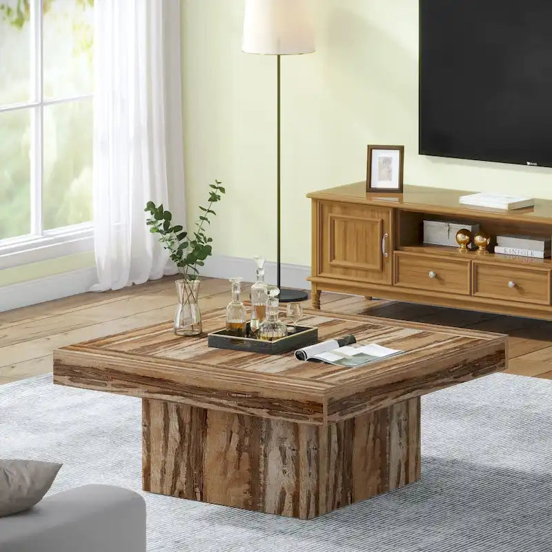 Farmhouse Coffee Table Square LED Coffee Table Engineered Wood Coffee Table