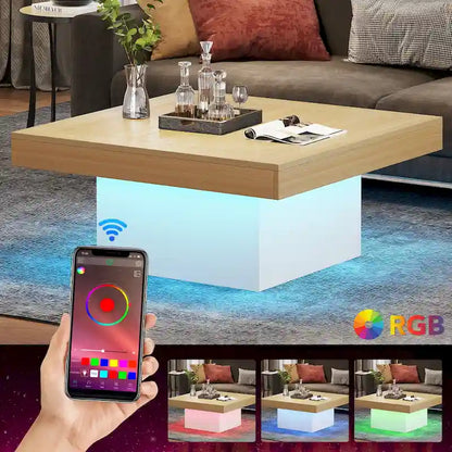 Farmhouse Coffee Table Square LED Coffee Table Engineered Wood Coffee Table